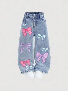SHEIN Young Girl' Colorful Bow Decor Loose Fit Blue Denim Pants - Light Wash - View 2