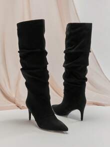 SHUZIA Women's Glamorous Pointy Toe Kitten Heel Knee High Slouchy Boots - Black - View 7