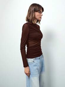 Maija Women's Asymmetric Design Modern Urban Casual Fashion Business Casual T-Shirt, Urban Commute Business Casual Women's Clothing, Office Attire, Elegant For Christmas Party, New Year, Brown Top - Brown - View 5