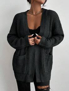 EMERY ROSE Casual Solid Color Cardigan, Autumn/Winter - Dark Grey - View 5