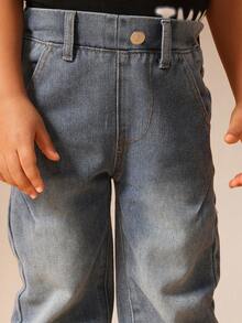 SUMWON 男童宽松浅色水洗牛仔裤，经典五口袋设计，休闲日常穿着，适合度假。 - 中等水洗藍 - 查看 7