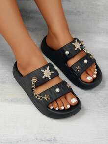 Sandalia de mujer EVA ligera punta abierta doble correa decorada moda veraniega playa casual sandalias - Negro - Ver 3