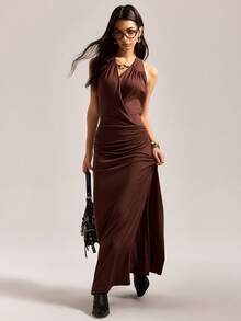 Easelle Vintage Brown Knitted Dress With Neck Tie For Women  Fall Clothes For Women Long And Slim Fit  Elegant Dresses For Party - Coffee Brown - View 6