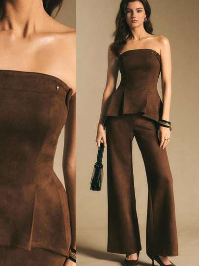 Poéselle 女式纯色不对称下摆抹胸上衣和喇叭裤优雅两件套