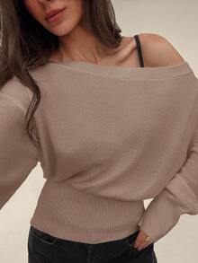 Aloruh 米色超大碎花不对称肩部浪漫宽松针织毛衣，秋冬 - 摩卡棕 - 查看 5