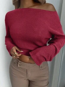 Aloruh Off Street Casual Asymmetrical Sloping Shoulder Simple And Versatile Striped Long Sleeved Mesh T-Shirt - Burgundy - View 5