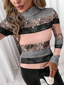 SHEIN Clasi Áo thun nữ cổ lọ tay dài bó sát, thiết kế tối giản, họa tiết sọc, phù hợp cho mùa thu/đông - Nhiều màu - Xem 3