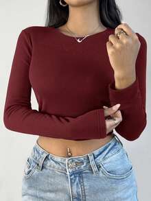 SHEIN BASICS 两件装纯色针织圆领长袖修身短款T恤，女士款，升级保暖面料，带保暖内衬但不臃肿，基础款弹力百搭秋冬女装上衣