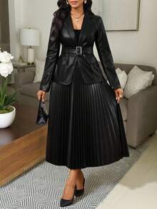 SHEIN Lady Autumn Black PU Fabric Blazer And Pleated Skirt Set,Women's Elegant High-Quality Two-Piece Suit For Summer Office Commuting And Daily Fashion Suits - Black - View 5