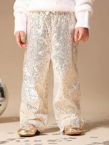 SUMWON 儿童亮片阔腿套穿裤 - 假日派对节日迪斯科闪亮长裤 - 杏色 - 查看 4