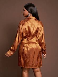 Slaydiva Burnt Orange Plus Size Elegant Autumn Party Wedding Floral Textured Lustrous Satin Collared Long Sleeve Cinched Waist A-Line Mini Dress, Rust Bronze Woven - Brown - View 2