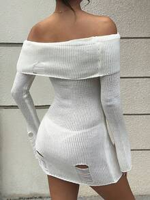 SHEIN Unity 性感露肩修身毛衣裙 - 白色 - 查看 2