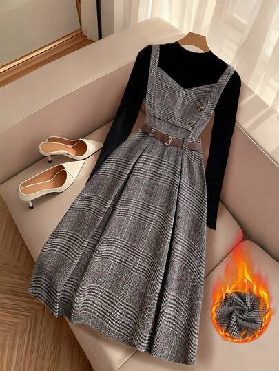 Regalyn Plus Size Women Plaid Button Design Casual Suspender Dress, Autumn/Winter