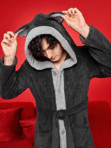 Men's Cozy Contrast Color 3D Ear Design Long Sleeve Hooded Belted Robe, Fluffy, Winter, Christmas - Multicolor - View 4