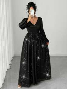 Elenzga Plus Size Sequin & Bead Embellished Mesh Long Sleeve Dress - Black - View 7