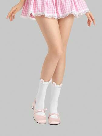 Kawaii 1 par de calcetines de media pantorrilla de color rosa suave con orejas de conejo, estilo minimalista y dulce, calcetines casuales versátiles para look de colegiala