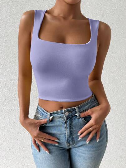 SHEIN PETITE Lavender Color Skin Revealing Square Neck Sleeveless Tank Top,Elevated Elegance Top,Prom Top,Rave Top Festival,Streetwear,Women Birthday Top,Sparkly Top,Concert Top,Club Top,Date Night Top,New Year Top,Valentine Top,Spring Top