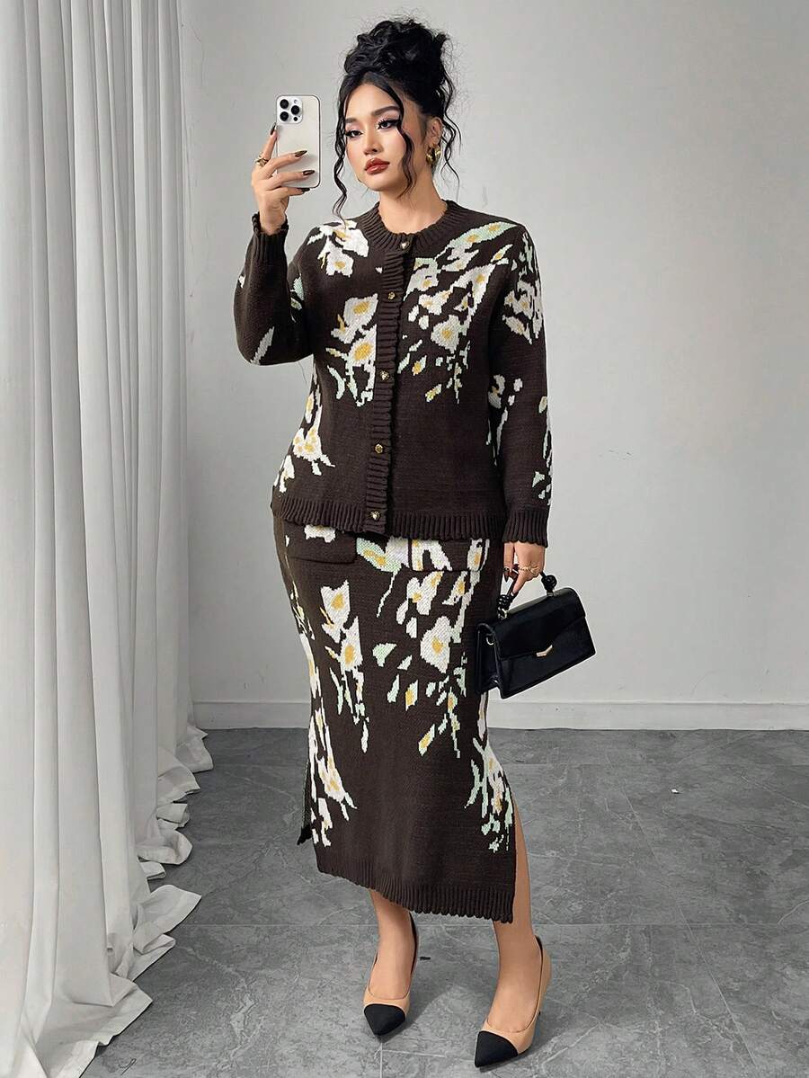 Modelyn Plus Size Women Floral Print Long Sleeve Knitted Cardigan And Knitted Midi Skirt Elegant Set, Autumn/Winter - Coffee Brown - View 1