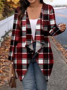 SHEIN LUNE Chaqueta casual con abertura frontal a cuadros para mujer de talla grande, otoño - Rojo - Ver 6