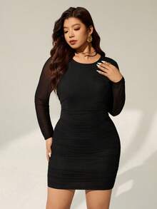Auralis Black Fitted Round Neck Long Sleeve Mesh Sheer Mini Plus Size Women's Bodycon Dress, Suitable For Autumn/Winter, Elegant For Bar, Party, Banquet Cinched Waist Ruched Short, Sexy Y2K Style Dress Ruched Bodycon Dress Plus Size Bodycon Dress Curvy Black Dress Long Sleeve Dresses Curvy/Concert/Performance Costumes/Date/High-End Banquet/Ball/Wedding Season/Valentine's Day/Party/Sexy/Commuting/Elegant Romance/Office Enchantress/Siren Style/Birthday Party Dresses - Black - View 2
