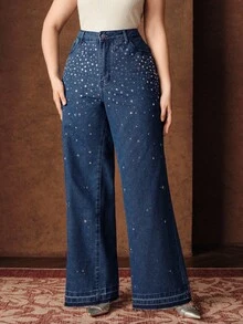 Anewsta 街头时尚水钻装饰女式直筒蓝色牛仔裤，适合秋冬、圣诞节、新年，优雅、奢华、别致、休闲 - 藍色 - 查看 4