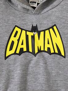 BATMAN X SHEIN Young Boy Casual Cool Letter Graphic Hooded Long Sleeve Loose Knit Sweatshirt, Gray