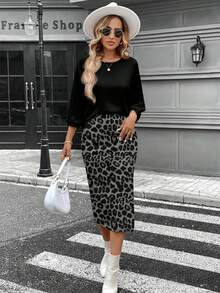 SHEIN LUNE Damski, modny, swobodny top i spódnica w panterkę, 2-częściowy komplet, odpowiedni na jesień/zimę
