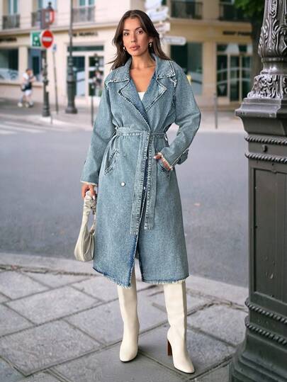 EURMUSE Denim Coat With Lapel Collar, Raglan Sleeves And Belt 2 Piece Denim Sets Woman Jean Outfits Sets For Women Women Denim Dresses Trench Coat Women Plus Size Denim Jackets
