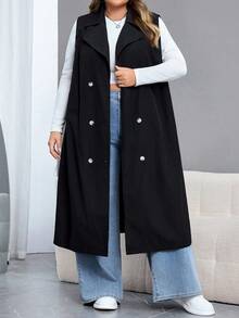 SHEIN CURVE+ Plus Size Women Black Casual Trench Coat/Winter - Black - View 4