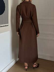 Elyressa Damska sukienka koszulowa w kształcie litery A z kołnierzykiem i wiązaniem w talii, elegancka, francuska, codzienna, do pracy, modna, vintage, uniwersalna, świąteczna, biznesowa, brązowa, z długim rękawem, jesień/zima