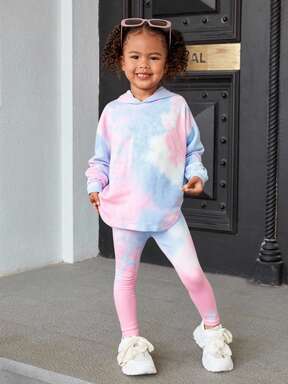 SHEIN Young Girl Tie Dye Asymmetrical Hem Drop ShoulderHoodie & Leggings 2pcs Outfits ,Comfortable ,Autumn And Winter , Great For Casual & Daily Wear & School Daily,Cool Street Girl ,Y2K Girl Christmas