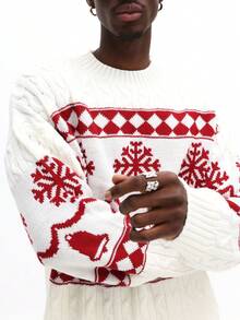 SUMWON Christmas Holiday Knit Sweater With Snowflake And Bell Patterns For Festive Winter Celebrations Casual - Red and White - View 1