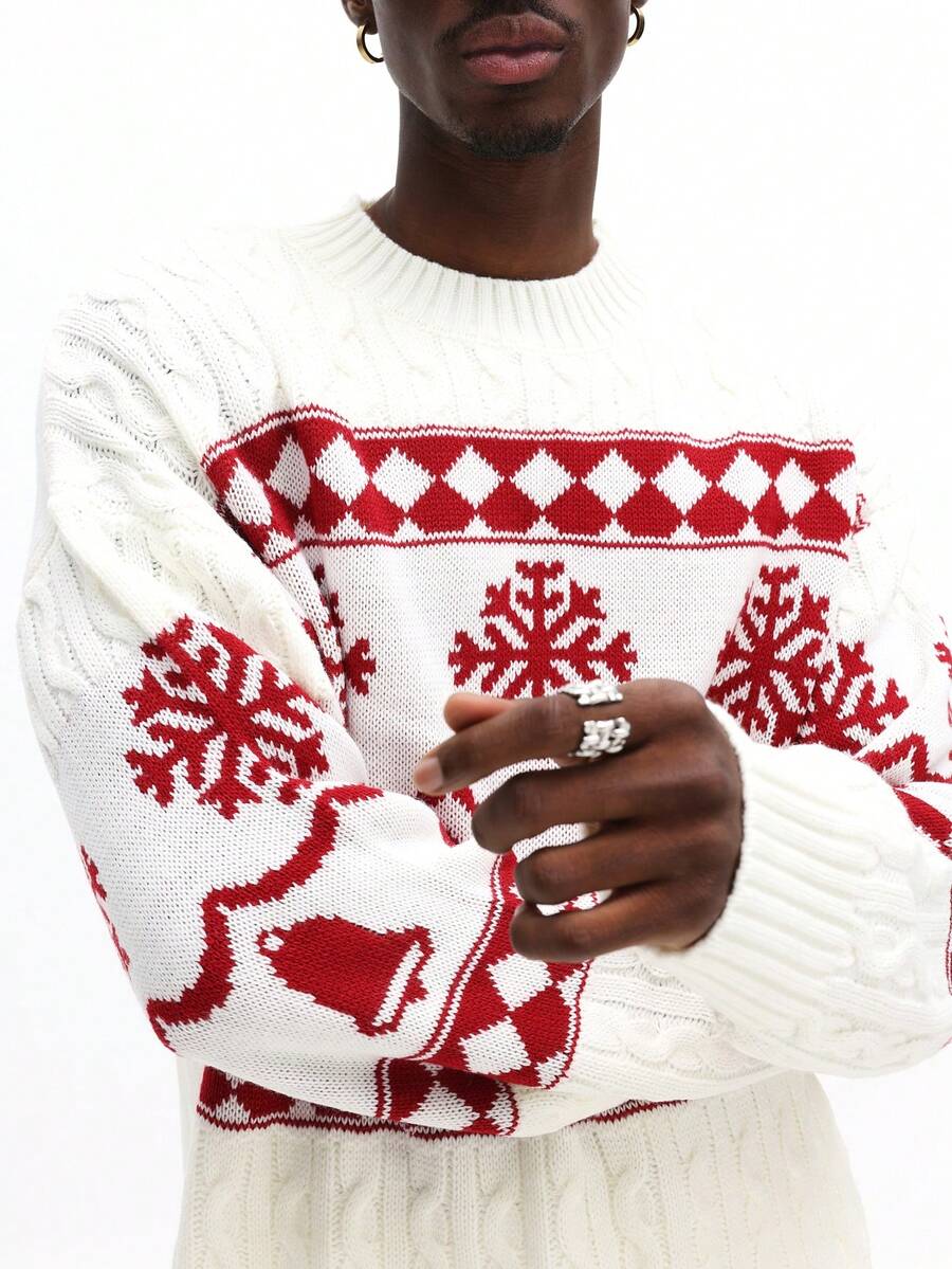 SUMWON Christmas Holiday Knit Sweater With Snowflake And Bell Patterns For Festive Winter Celebrations Casual - Red and White - View 1