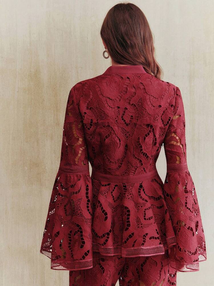 Jaqueta Feminina Romântica e Elegante com Manga Flare Vazada em Forma de Rosa, Cintura Marcada e Decote em V, Adequada para Outono, Inverno, Ano Novo, Elegante, Chique, Estilosa, Natal, Sair