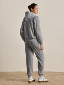 INAWLY Solva 2 chiếc áo hoodie và quần nỉ trơn màu có túi dành cho nữ trang phục thường ngày - Xám - Xem 2