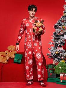 圣诞主题印花可爱卡通圣诞树、雪花、驯鹿图案长袖上衣和裤子套装，抽绳下摆，可作外套穿着，适合亲子装、圣诞派对、男士睡衣连体裤，冬季款 - 紅色 - 查看 6