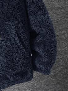 SHEIN 青少年男孩连帽休闲学院风柔软舒适简约实用百搭毛绒夹克，适合秋冬季，适合日常穿着、户外玩耍、学校、街头风格、派对和居家 - 藏蓝色 - 查看 3