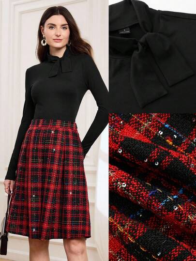 Miaspire Conjunto elegante de 2 piezas con blusa de manga larga de cuello retorcido de unicolor y falda mini a cuadros para mujer