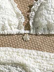 Swim Mod 3件套纯色花卉纹理面料珍珠贝壳装饰荷叶边挂脖三角比基尼上衣、侧系带泳裤和迷你裙性感泳衣套装，春夏沙滩裙套装钩针编织泳衣沙滩两件套钩针编织比基尼套装蕾丝两件套