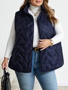 SHEIN CURVE+ معطف كاجوال بدون أكمام مبطن مع جيوب وسحاب أمامي، لون أحادي مناسب للارتداء اليومي في الشتاء للمقاسات الكبيرة