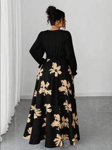 Elenzga Plus Size Women Elegant Graphic Print V-Neck Long Sleeve Frill Trim Belted Waist Slim Fit Maxi Dress, Spring/Autumn