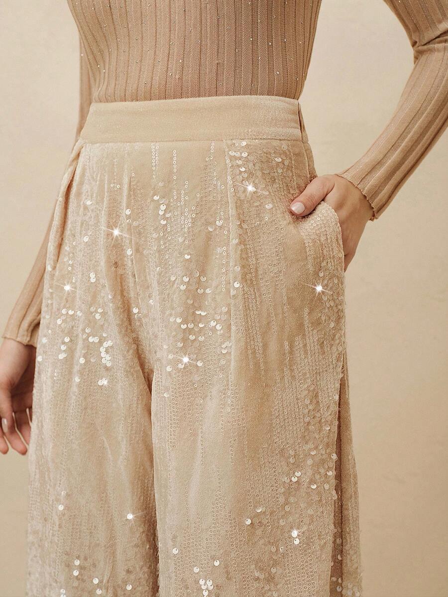 Anewsta Autumn/Winter New Khaki Velvet High-Waisted Zipper Pocket Straight Leg Wide Leg Pants For Women - Khaki - View 1