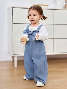 SHEIN 女婴3D蝴蝶结装饰蓝色牛仔宽松连体裤 - 中等水洗藍 - 查看 6