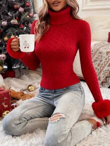 SHEIN Elenzya 优雅扭纹领拼接针织衫 长袖 修身 红色 通勤适用 秋冬 - 紅色 - 查看 5