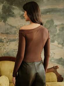 Anewsta Women's New Arrival Long Sleeve Brown/Coffee Asymmetrical Shoulder Elegant Blouse, Autumn/Winter - Brown - View 3