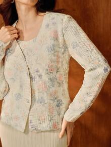 Anewsta 2pcs Women's Colorful Print Fitted Square Neck Cardigan And Camisole Knit Set,Beige,Autumn,Elegant,Daytime,Stylish Winter New Year Christmas Outfit - Multicolor - View 6