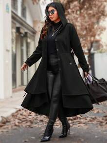 SHEIN Clasi معطف صوفي طويل للنساء ذوات الحجم الكبير بلون أحادي، متعدد الاستخدامات، مزود بقلنسوة وحاشية مزدوجة - الأسود - مشاهدة 6
