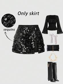 SHEIN MOD Plus Size Women's Solid Color Side Slit Sequin Embellished Midi Skirt, Suitable For Party Occasions, Fall - Black - View 6