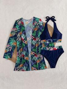 SHEIN Swim 熱帶印花露背比基尼套裝，附上和服，夏季海灘必備 - 彩色 - 查看 5