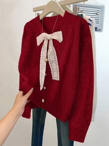 SHEIN Clasi 女式休闲系带圆领毛衣开衫 - 紅色 - 查看 3